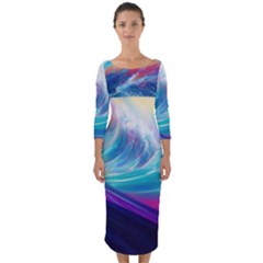 Waves Ocean Sea Tsunami Nautical Nature Water Quarter Sleeve Midi Bodycon Dress by Ravend