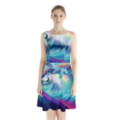 Waves Ocean Sea Tsunami Nautical Nature Water Sleeveless Waist Tie Chiffon Dress