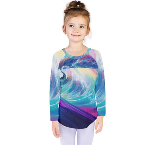 Waves Ocean Sea Tsunami Nautical Nature Water Kids  Long Sleeve Tee by Ravend