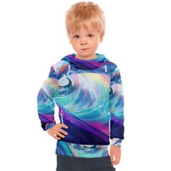 Waves Ocean Sea Tsunami Nautical Nature Water Kids  Hooded Pullover by Ravend