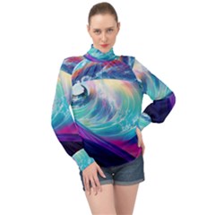 Waves Ocean Sea Tsunami Nautical Nature Water High Neck Long Sleeve Chiffon Top by Ravend