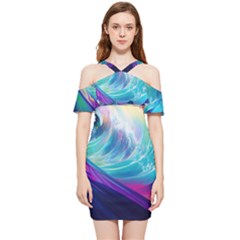 Waves Ocean Sea Tsunami Nautical Nature Water Shoulder Frill Bodycon Summer Dress by Ravend