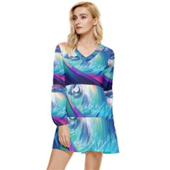 Waves Ocean Sea Tsunami Nautical Nature Water Tiered Long Sleeve Mini Dress by Ravend