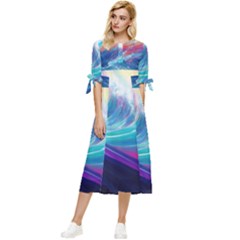 Waves Ocean Sea Tsunami Nautical Nature Water Bow Sleeve Chiffon Midi Dress by Ravend