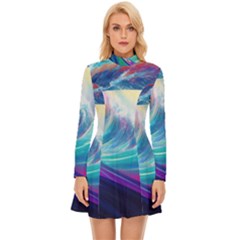 Waves Ocean Sea Tsunami Nautical Nature Water Long Sleeve Velour Longline Dress by Ravend