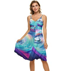 Waves Ocean Sea Tsunami Nautical Nature Water Sleeveless Tie Front Chiffon Dress by Ravend