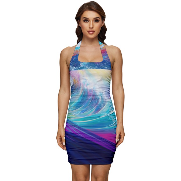 Waves Ocean Sea Tsunami Nautical Nature Water Sleeveless Wide Square Neckline Ruched Bodycon Dress