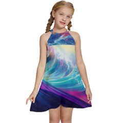 Waves Ocean Sea Tsunami Nautical Nature Water Kids  Halter Collar Waist Tie Chiffon Dress