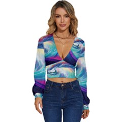 Waves Ocean Sea Tsunami Nautical Nature Water Long Sleeve Deep-v Velour Top