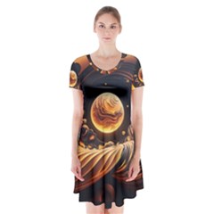 Ai Generated Swirl Space Design Fractal Light Abstract Short Sleeve V-neck Flare Dress by Ravend