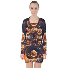 Ai Generated Swirl Space Design Fractal Light Abstract V-neck Bodycon Long Sleeve Dress