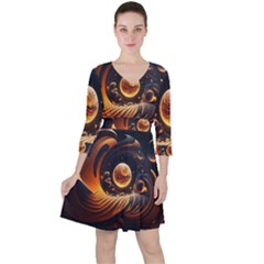 Ai Generated Swirl Space Design Fractal Light Abstract Quarter Sleeve Ruffle Waist Dress by Ravend