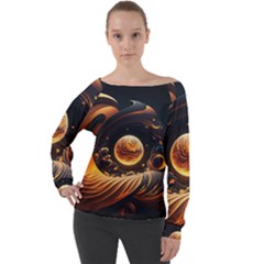 Ai Generated Swirl Space Design Fractal Light Abstract Off Shoulder Long Sleeve Velour Top by Ravend