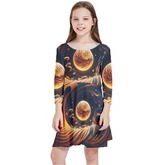 Ai Generated Swirl Space Design Fractal Light Abstract Kids  Quarter Sleeve Skater Dress by Ravend