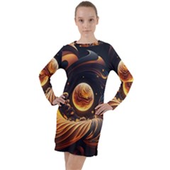 Ai Generated Swirl Space Design Fractal Light Abstract Long Sleeve Hoodie Dress by Ravend