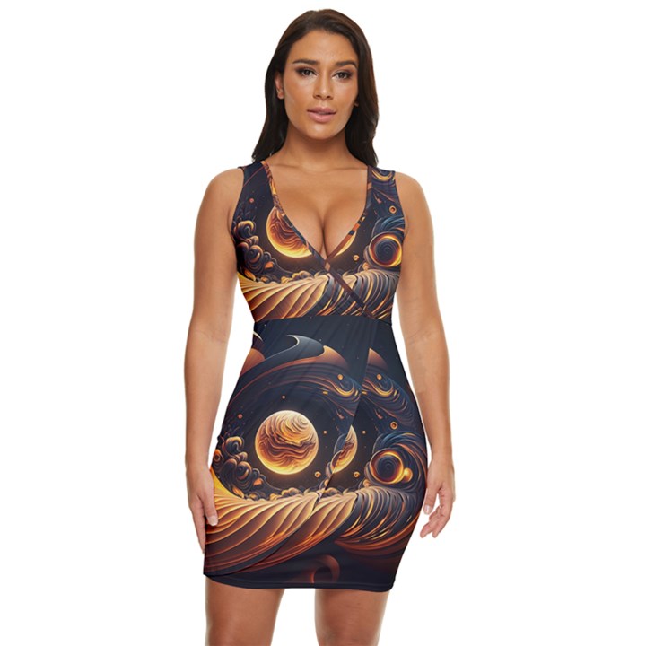 Ai Generated Swirl Space Design Fractal Light Abstract Draped Bodycon Dress