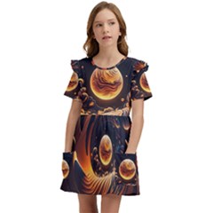 Ai Generated Swirl Space Design Fractal Light Abstract Kids  Frilly Sleeves Pocket Dress by Ravend