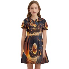 Ai Generated Swirl Space Design Fractal Light Abstract Kids  Bow Tie Puff Sleeve Dress by Ravend