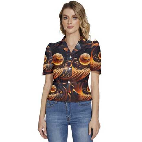 Ai Generated Swirl Space Design Fractal Light Abstract Puffed Short Sleeve Button Up Jacket by Ravend