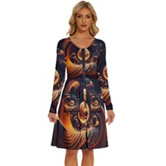 Ai Generated Swirl Space Design Fractal Light Abstract Long Sleeve Dress With Pocket by Ravend