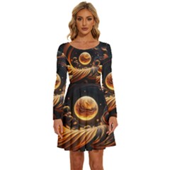 Ai Generated Swirl Space Design Fractal Light Abstract Long Sleeve Wide Neck Velvet Dress