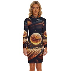 Ai Generated Swirl Space Design Fractal Light Abstract Long Sleeve Shirt Collar Bodycon Dress