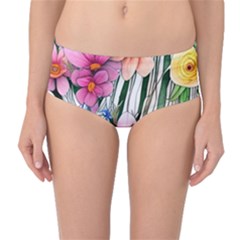 Beautiful Big Blooming Flowers Watercolor Mid-waist Bikini Bottoms by GardenOfOphir