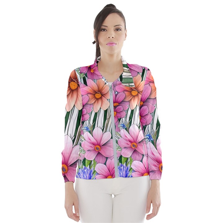 Beautiful Big Blooming Flowers Watercolor Women s Windbreaker