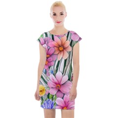 Beautiful Big Blooming Flowers Watercolor Cap Sleeve Bodycon Dress by GardenOfOphir