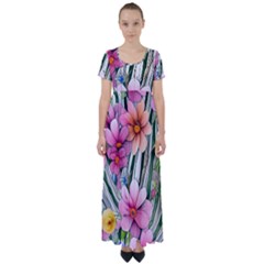 Beautiful Big Blooming Flowers Watercolor High Waist Short Sleeve Maxi Dress by GardenOfOphir