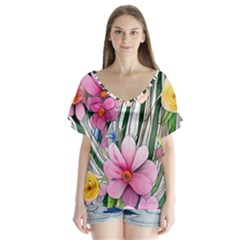 Beautiful Big Blooming Flowers Watercolor V-neck Flutter Sleeve Top by GardenOfOphir