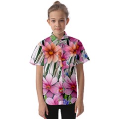 Beautiful Big Blooming Flowers Watercolor Kids  Short Sleeve Shirt by GardenOfOphir