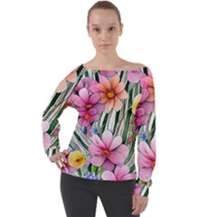 Beautiful Big Blooming Flowers Watercolor Off Shoulder Long Sleeve Velour Top by GardenOfOphir