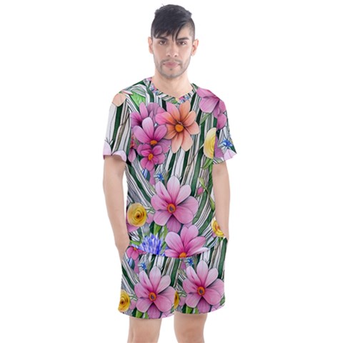 Beautiful Big Blooming Flowers Watercolor Men s Mesh Tee And Shorts Set by GardenOfOphir