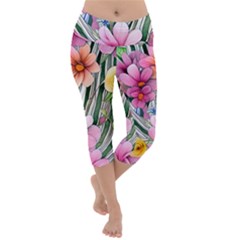 Beautiful Big Blooming Flowers Watercolor Lightweight Velour Capri Yoga Leggings by GardenOfOphir