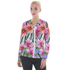 Beautiful Big Blooming Flowers Watercolor Velvet Zip Up Jacket by GardenOfOphir