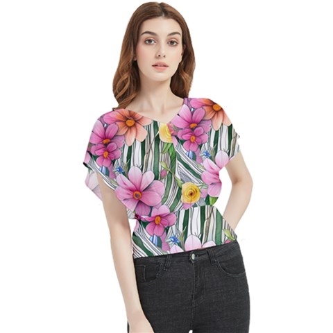 Beautiful Big Blooming Flowers Watercolor Butterfly Chiffon Blouse by GardenOfOphir