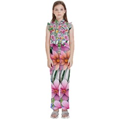 Beautiful Big Blooming Flowers Watercolor Kids  Sleeveless Ruffle Edge Band Collar Chiffon One Piece