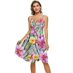 Beautiful Big Blooming Flowers Watercolor Sleeveless Tie Front Chiffon Dress by GardenOfOphir