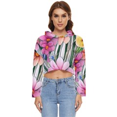 Beautiful Big Blooming Flowers Watercolor Women s Lightweight Cropped Hoodie by GardenOfOphir