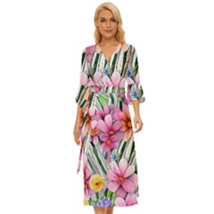 Beautiful Big Blooming Flowers Watercolor Midsummer Wrap Dress by GardenOfOphir