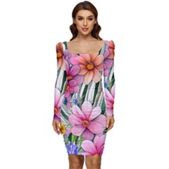 Beautiful Big Blooming Flowers Watercolor Women Long Sleeve Ruched Stretch Jersey Dress by GardenOfOphir