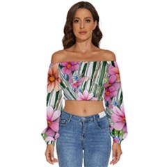 Beautiful Big Blooming Flowers Watercolor Long Sleeve Crinkled Weave Crop Top by GardenOfOphir