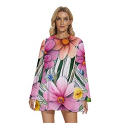 Beautiful Big Blooming Flowers Watercolor Round Neck Long Sleeve Bohemian Style Chiffon Mini Dress