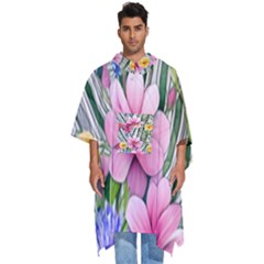 Beautiful Big Blooming Flowers Watercolor Men s Hooded Rain Ponchos