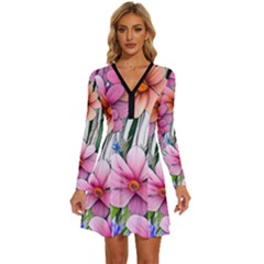 Beautiful Big Blooming Flowers Watercolor Long Sleeve Deep V Mini Dress  by GardenOfOphir