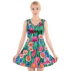 Blossom-filled Watercolor Flowers V-neck Sleeveless Dress by GardenOfOphir