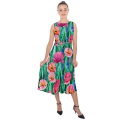 Blossom-filled Watercolor Flowers Midi Tie-back Chiffon Dress by GardenOfOphir