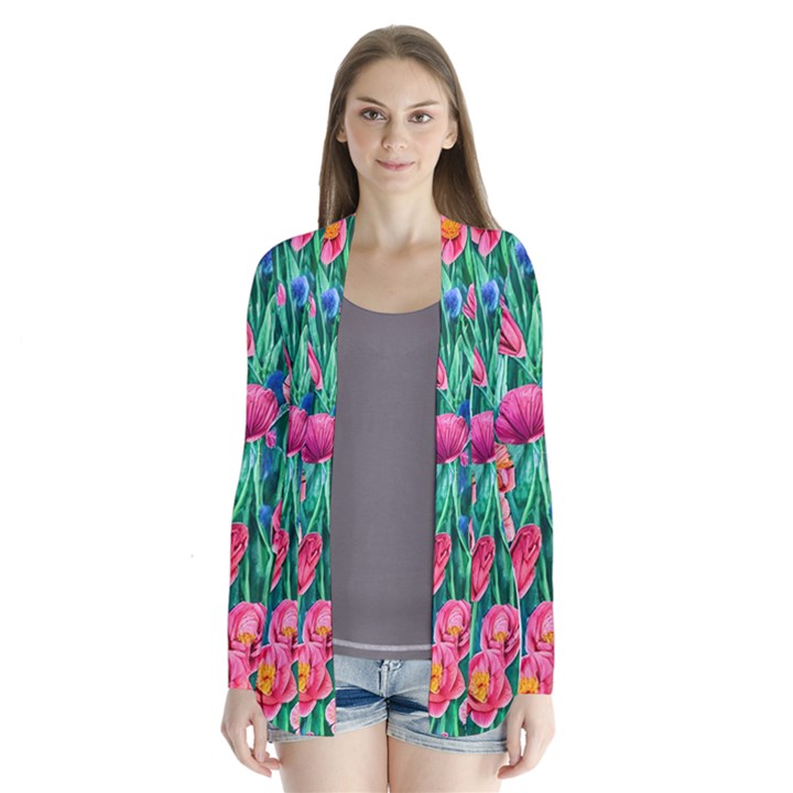 Blossom-filled Watercolor Flowers Drape Collar Cardigan