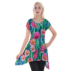 Blossom-filled Watercolor Flowers Short Sleeve Side Drop Tunic by GardenOfOphir